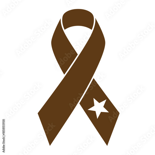 Vintage brown awareness ribbon with white star symbol on transparent background for support and cause