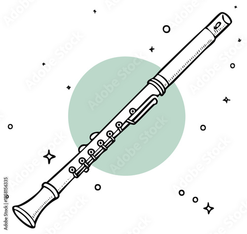 Illustration of a Clarinet Musical Instrument in Line Art Style with Decorative Elements