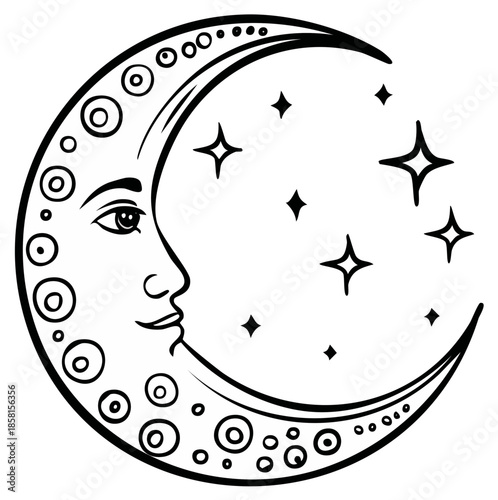 Whimsical crescent moon with a gentle face gazes at sparkling stars in a celestial night sky illustration