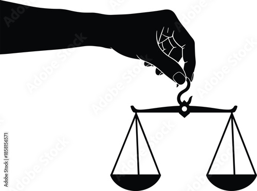 Flat vector silhouette hand holding balance scale justice fairness equality legal symbol decision ethics law concept black white illustration