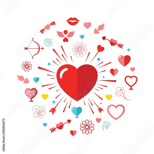 The vibrant illustration displays a large red heart surrounded by various colorful symbols and icons representing love and affection.
