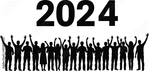 Flat vector silhouette group celebrating new year 2024 unity teamwork success people raising hands festive crowd together happiness hope future