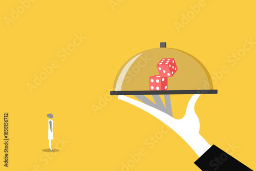 Business woman Offered Dice on Tray, Representing Business Risk and Opportunity Decision