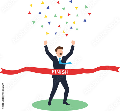 Flat vector business success celebration finish line winner achievement goal completion confetti arms raised suit man green ground illustration