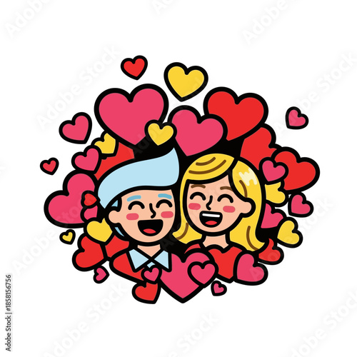A cartoon illustration of a smiling couple surrounded by numerous colorful hearts in a lively and romantic scene.