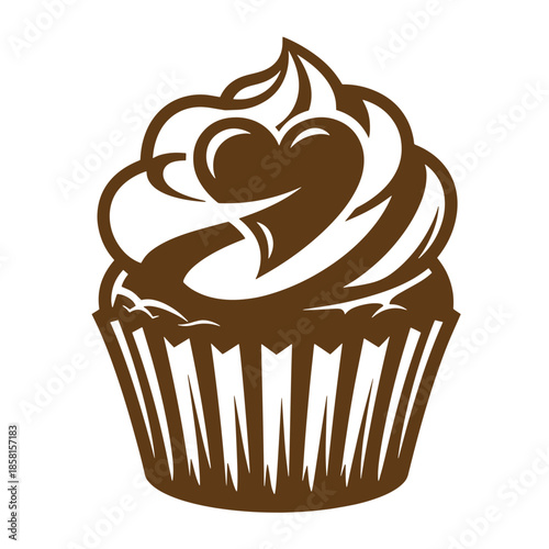 Vintage Brown cupcake with heart shaped frosting on top isolated on white background