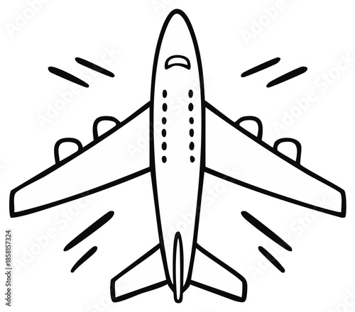 Top view airplane illustration with motion lines and engines