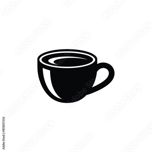 A modern black icon depicting a stylized coffee cup or mug with a small handle on a bright white background