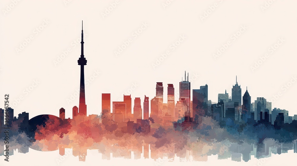Obraz premium Silhouette view of a cityscape dominated by a tall tower, rendered in a watercolor style with color gradients. The skyline is against a white background