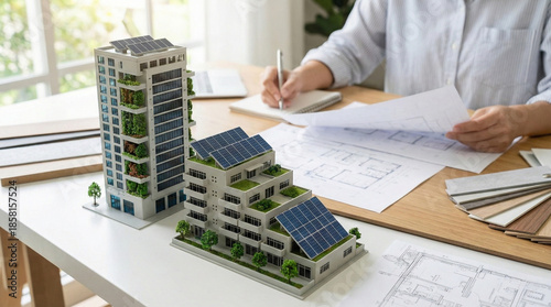 An architect is working on a green building model with solar panels and blueprints.