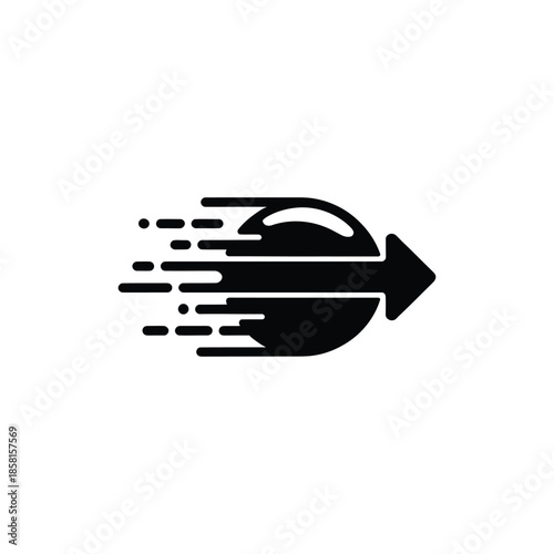 A sleek black glyph icon depicting a circular object with an arrow moving swiftly forward
