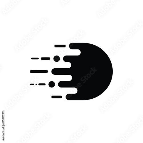 A solid black circular shape exhibiting swift motion with speed lines trailing behind it