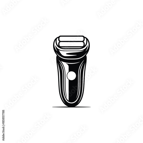 Black and white illustration of an electric foil shaver with a rounded handle and dual heads