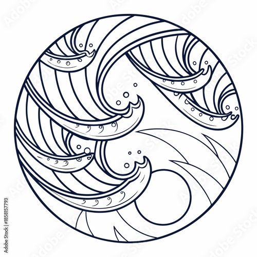 A circular design showcases stylized waves in a blue outline reminiscent of traditional japanese woodblock print aesthetics