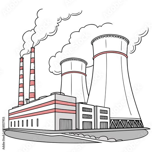 A simple line drawing depicts a factory complex with several smokestacks emitting plumes of smoke into the sky