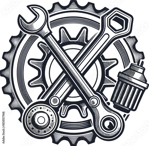 Mechanic tools and gear in detailed illustration