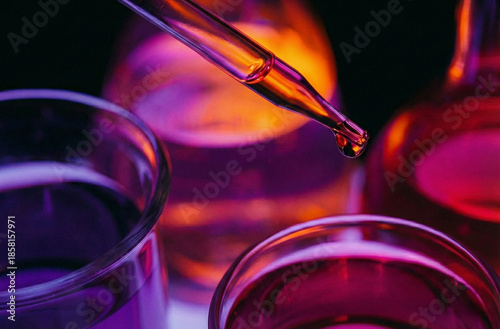 Close-up shot of an abstract liquid being poured into petri dishes in the laboratory.j