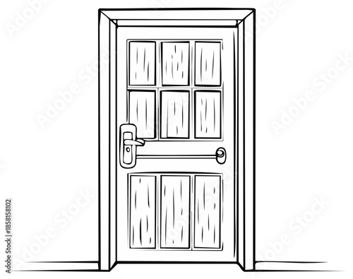 Classic paneled interior door with handle, sketched vector illustration against clean white walls.