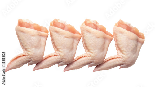 Four raw chicken wings isolated PNG on transparent background, uncooked poultry parts for cooking and food preparation