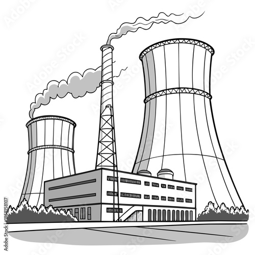 A detailed line drawing depicts a nuclear power plant with cooling towers emitting smoke showcasing industrial infrastructure and energy production