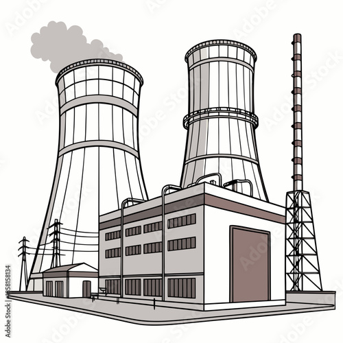A simple illustration depicts a power plant with cooling towers emitting steam showcasing industrial infrastructure and energy production