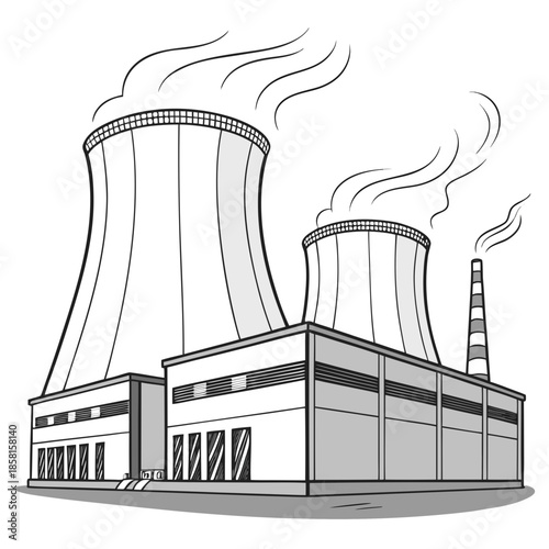 A detailed illustration showcases a power plant complex with cooling towers emitting steam representing industrial energy production and infrastructure