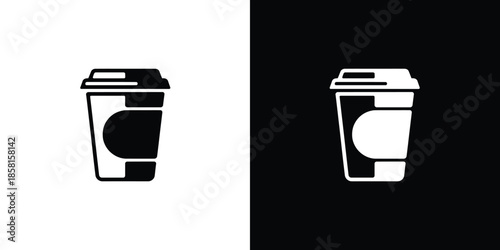 Disposable hot beverage cup icons with contrasting styles displayed on both light and dark backgrounds