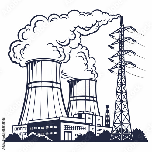 A black and white illustration depicting industrial smokestacks emitting plumes of smoke alongside a tall electrical power transmission tower