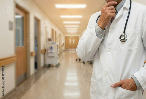 Doctor in a white coat standing with a stethoscope and holding a hand on their chin.j
