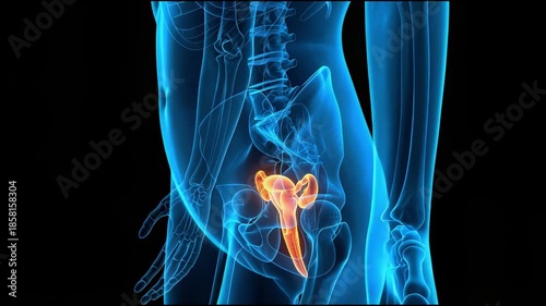Woman Anatomy Body with glowing orange Ovarian, x-ray 3d Medical illustration, blue glowing lines on blue background. Women's gynecology reproductive health concept