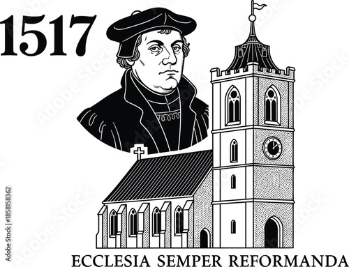 Vintage portrait of Martin Luther with 1517 date and church building for Protestant Reformation history and religious education celebration background (21 words)