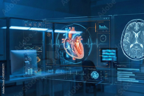 Futuristic medical interface displaying heart screens and brain images, with holographic display.