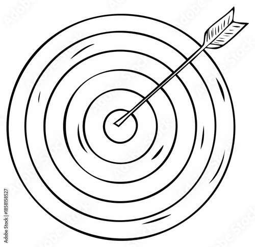 Hand drawn archery target with arrow in bullseye goal achievement concept