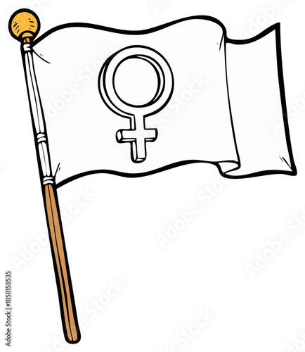 Illustration of a white flag waving with the female gender symbol clearly depicted