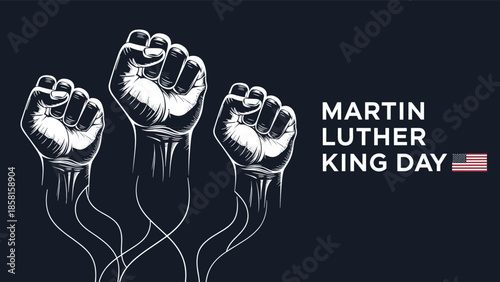 Martin Luther King Jr Day background with three raised clenched fists for social justice protest and federal holiday equality celebration (20 words)