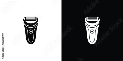 Simple icon of an electric shaver with a power button displayed on alternating black and white backgrounds