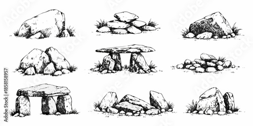 A collection of sketched stone formations and arrangements resembling ancient monuments
