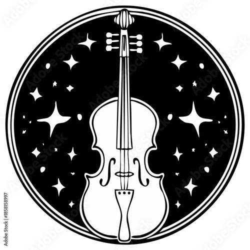 Elegant line art of a cello with starry celestial background within a circular frame