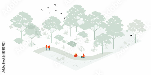 An isometric view of a park with trees a path and people