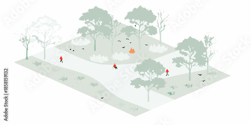 Isometric park illustration with walking paths trees and small figures