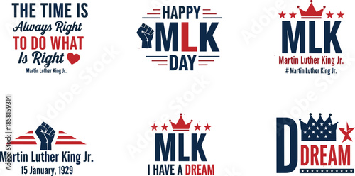 Collection of Martin Luther King Jr Day typographic logos with famous quotes and patriotic symbols for federal holiday graphic design projects (21 words)
