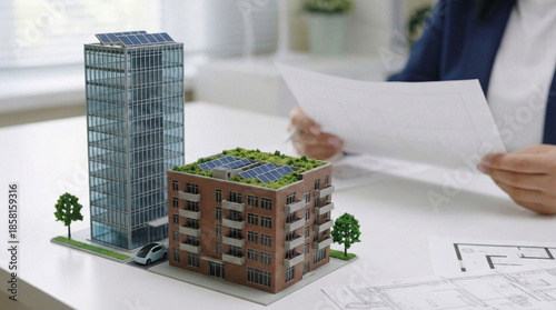 Model of an apartment building with solar panels on the roof and greenery around it is placed next to blueprints for construction.