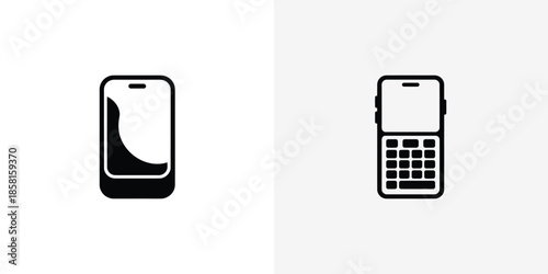 Two contrasting black mobile phone icons display a modern smartphone and a traditional keypad device