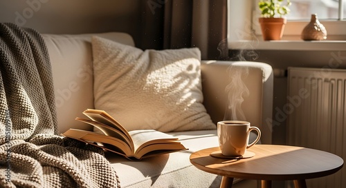 Cozy Home Scene with Book, Coffee, and Sunlight