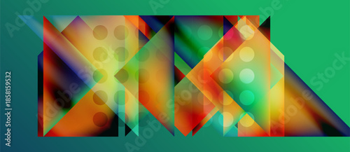 Abstract geometric composition. Vivid colors blend, creating dynamic triangular patterns. Circles overlay shapes, adding depth. Modern design.