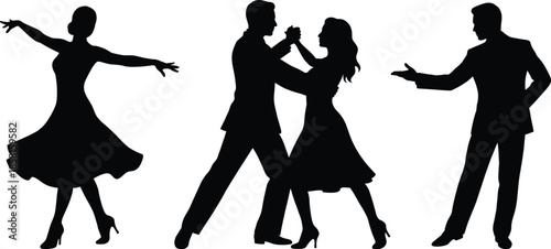 Elegant dancing silhouettes of couples performing ballroom tango moves isolated on white background romantic dance illustration vector collection modern design