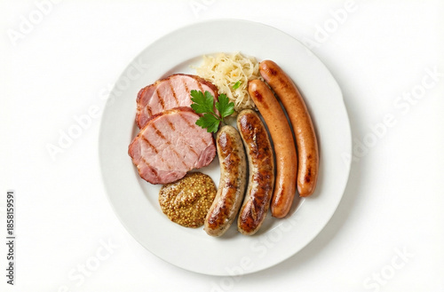Plate of german sausages, ham, and mustard on a white background.