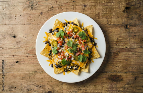 Overhead shot of a plate of nachos placed on a textured wooden background.
