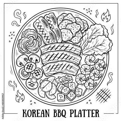 Detailed black and white sketch of a sizzling Korean BBQ food platter.
