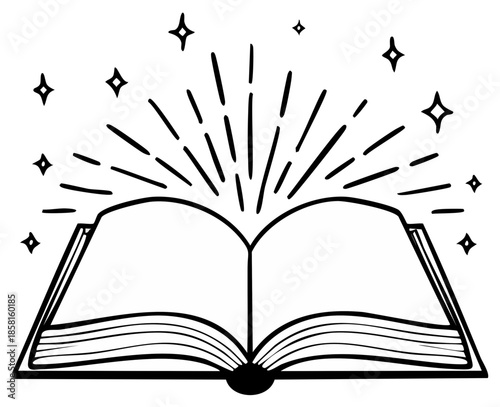 Open book radiating light and sparkling stars symbolizing knowledge and imagination